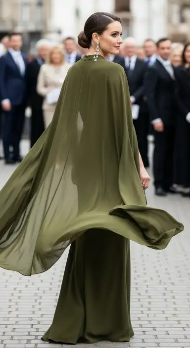 35 Stunning Olive Green Dress Outfits for Weddings 32 Adding a Trendy Capelet for Drama