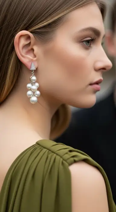 35 Stunning Olive Green Dress Outfits for Weddings 18 Choosing Classic Pearl Earrings