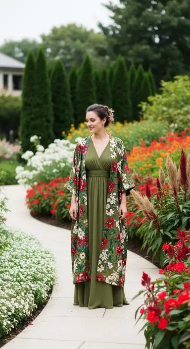 35 Stunning Olive Green Dress Outfits for Weddings 6 Combining with a Floral Kimono