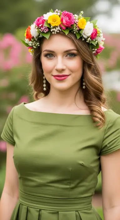 35 Stunning Olive Green Dress Outfits for Weddings 10 Floral Crown for a Whimsical Look