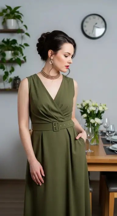 35 Stunning Olive Green Dress Outfits for Weddings 17 Focusing on Minimalist Accessories