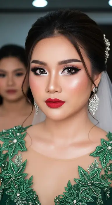 35 Stunning Olive Green Dress Outfits for Weddings 26 Highlighting the Dress with Bold Makeup