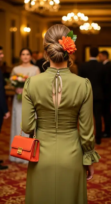 35 Stunning Olive Green Dress Outfits for Weddings 16 Incorporating a Pop of Color with Accessories
