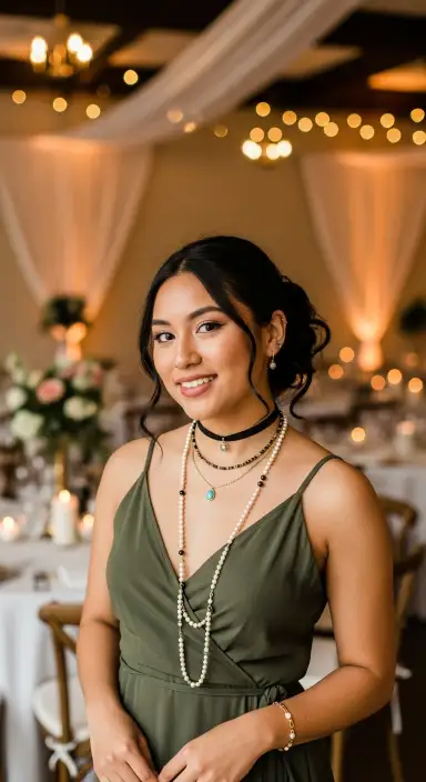 35 Stunning Olive Green Dress Outfits for Weddings 21 Playing with Layered Jewelry