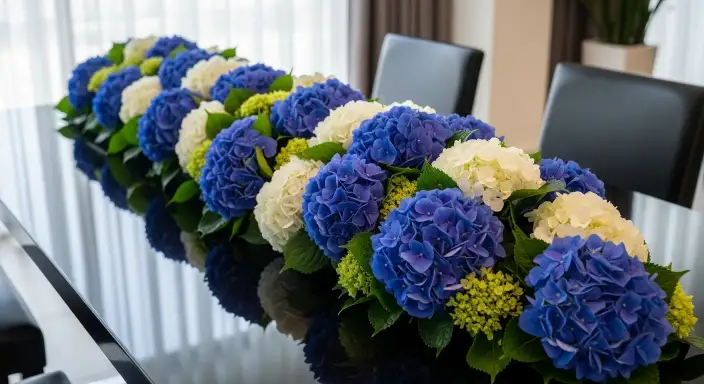 25 Stunning Hydrangea Bouquets for Every Occasion 18 Hydrangea Table Runner Arrangement