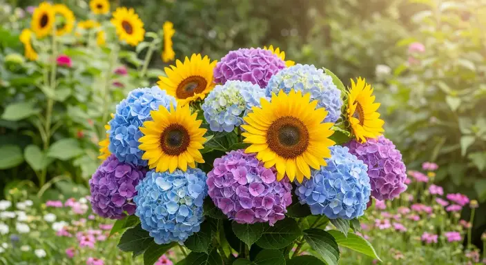 25 Stunning Hydrangea Bouquets for Every Occasion 4 Hydrangea and Sunflower Summer Delight