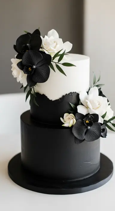 Decorating Wedding Cakes with Flowers: 25 Stunning Ideas to Elevate Your Big Day 6 Black-and-White Cake with Bold Blooms