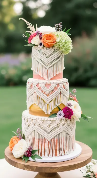Decorating Wedding Cakes with Flowers: 25 Stunning Ideas to Elevate Your Big Day 17 Boho Macramé Cake