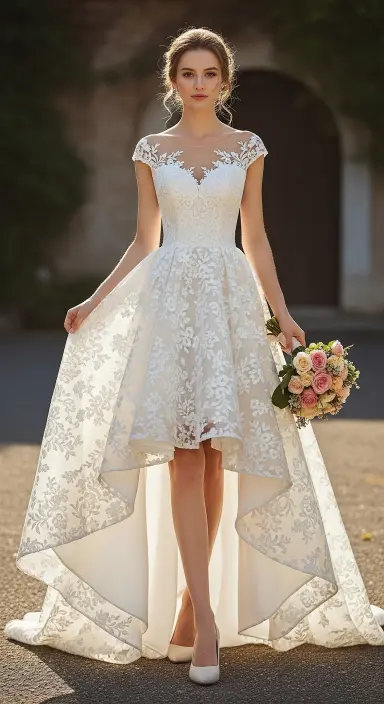 35 Breathtaking Romantic Wedding Dresses for Your Dream Day 19 Charming High-Low Hemlines