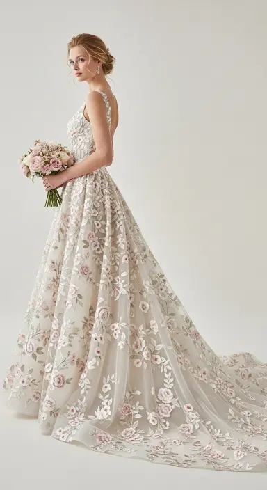 35 Breathtaking Romantic Wedding Dresses for Your Dream Day 16 Floral Embroidered Fabrics