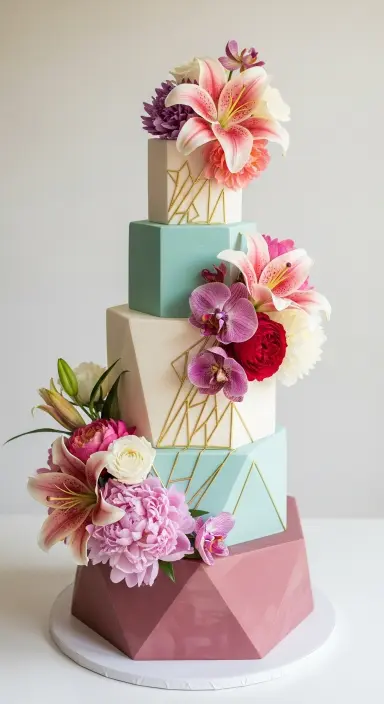 Decorating Wedding Cakes with Flowers: 25 Stunning Ideas to Elevate Your Big Day 20 Geometric Tier Cake with Blooms