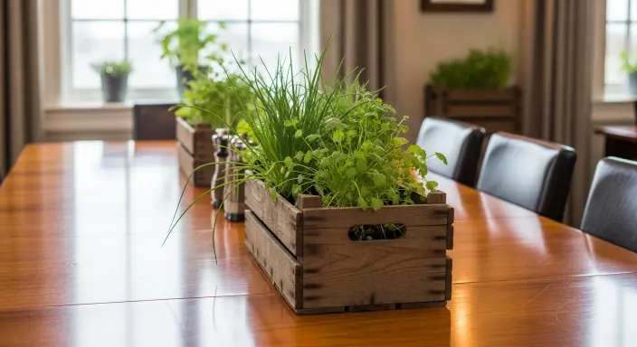 Elegant Long Dining Table Centerpiece Ideas | Stylish Décor Inspiration 12 Herb Garden in Wooden Crates