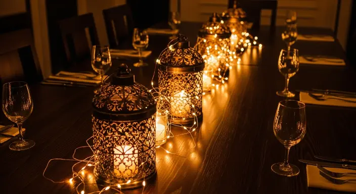 Elegant Long Dining Table Centerpiece Ideas | Stylish Décor Inspiration 14 Lantern Trio with Fairy Lights