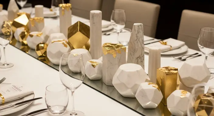 Elegant Long Dining Table Centerpiece Ideas | Stylish Décor Inspiration 15 Marble and Gold Geometric Accents