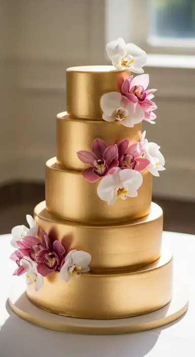 Decorating Wedding Cakes with Flowers: 25 Stunning Ideas to Elevate Your Big Day 15 Metallic Gold Cake with Orchids