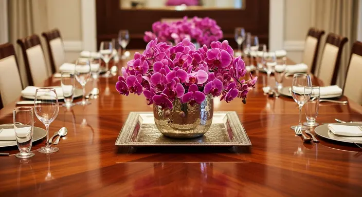 Elegant Long Dining Table Centerpiece Ideas | Stylish Décor Inspiration 11 Metallic Tray with Orchids