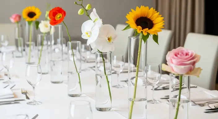 Elegant Long Dining Table Centerpiece Ideas | Stylish Décor Inspiration 3 Minimalist Glass Vases with Single Blooms