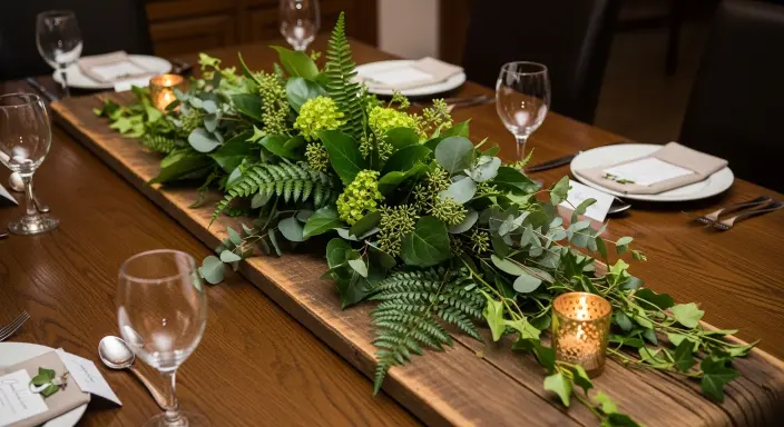 Elegant Long Dining Table Centerpiece Ideas | Stylish Décor Inspiration 2 Rustic Wooden Runner with Greenery