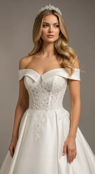 35 Breathtaking Romantic Wedding Dresses for Your Dream Day 11 Sophisticated Off-the-Shoulder Styles