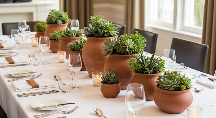 Elegant Long Dining Table Centerpiece Ideas | Stylish Décor Inspiration 9 Succulent Pots in Terracotta