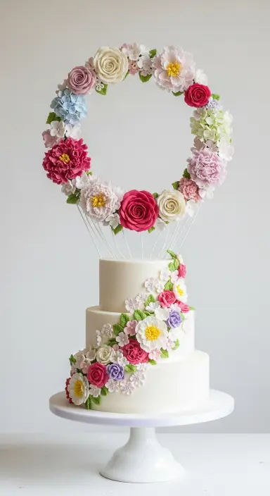 Decorating Wedding Cakes with Flowers: 25 Stunning Ideas to Elevate Your Big Day 26 Suspended Floral Hoop Cake