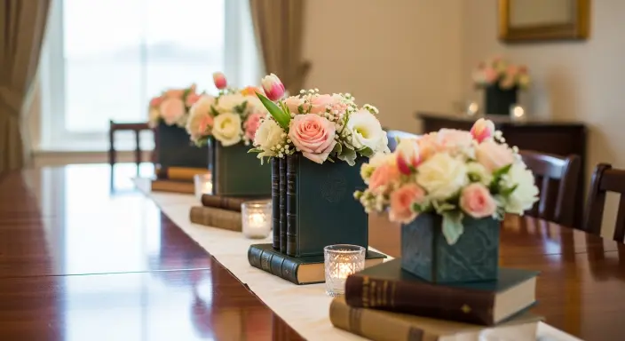 Elegant Long Dining Table Centerpiece Ideas | Stylish Décor Inspiration 10 Vintage Books with Floral Toppers